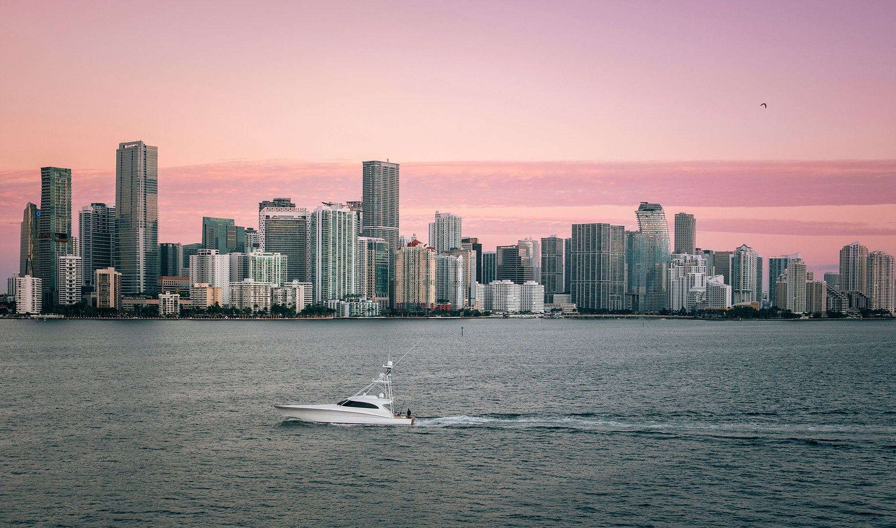 Miami skyline at sunset boat summer